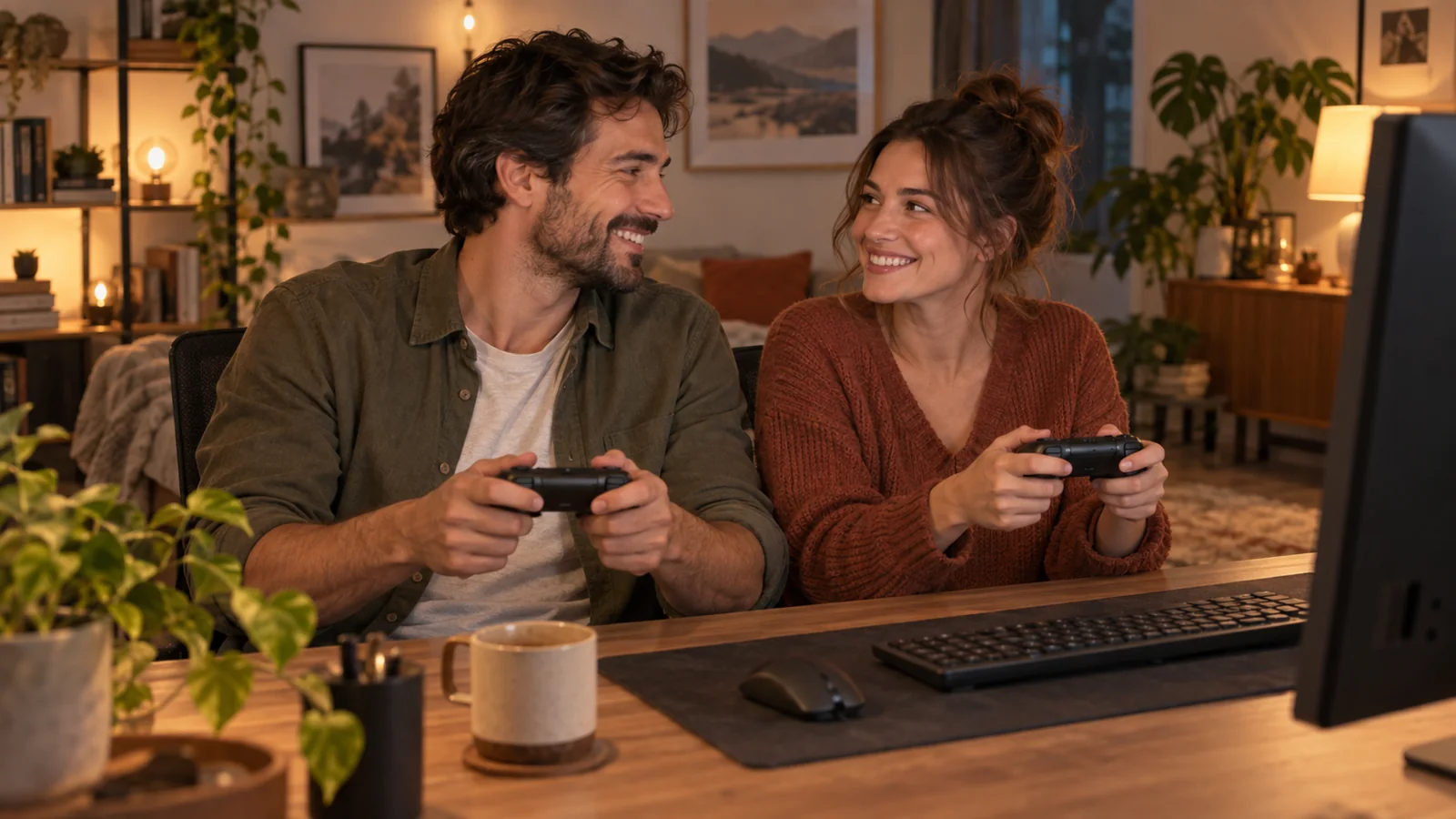 Deux adultes souriants avec des manettes devant un ordinateur
